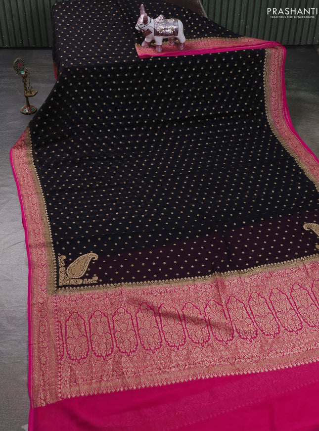 Pure Banarasi georgette saree black and pink with allover woven buttas and woven border