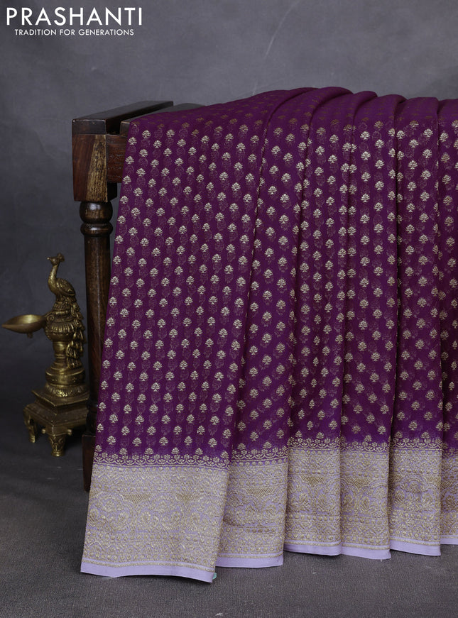 Pure Banarasi georgette saree purple and lavender with allover woven buttas and woven border