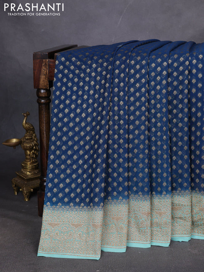 Pure Banarasi georgette saree peacock blue and teal shade with allover woven buttas and woven border