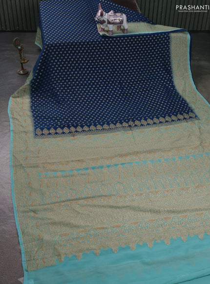 Pure Banarasi georgette saree peacock blue and teal shade with allover woven buttas and woven border