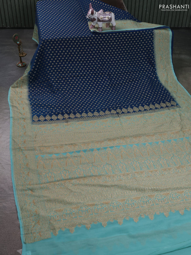 Pure Banarasi georgette saree peacock blue and teal shade with allover woven buttas and woven border