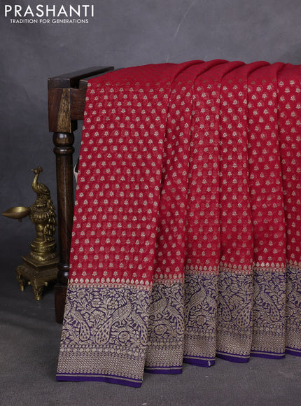 Pure Banarasi georgette saree red and blue with allover woven buttas and woven border