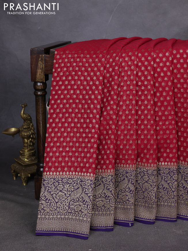 Pure Banarasi georgette saree red and blue with allover woven buttas and woven border