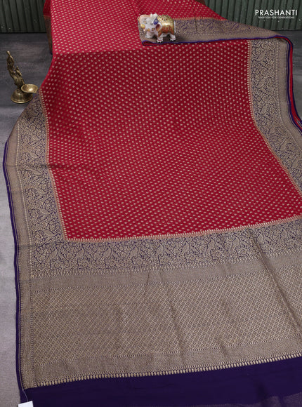 Pure Banarasi georgette saree red and blue with allover woven buttas and woven border