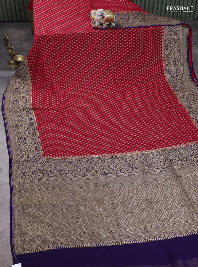 Pure Banarasi georgette saree red and blue with allover woven buttas and woven border