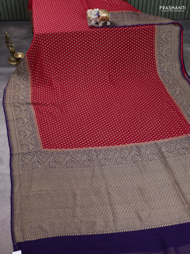 Pure Banarasi georgette saree red and blue with allover woven buttas and woven border