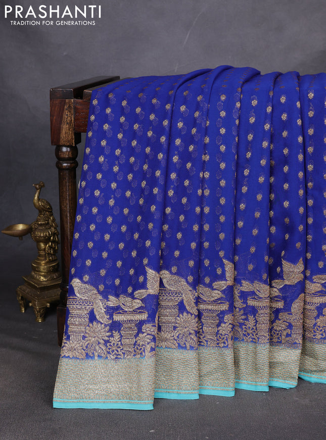 Pure Banarasi georgette saree blue and teal blue with allover woven buttas and woven border