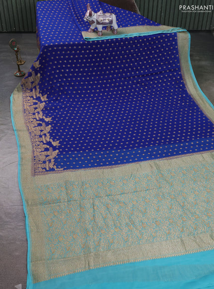 Pure Banarasi georgette saree blue and teal blue with allover woven buttas and woven border