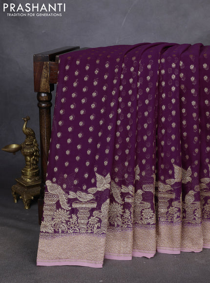 Pure Banarasi georgette saree purple and peach pink with allover woven buttas and woven border