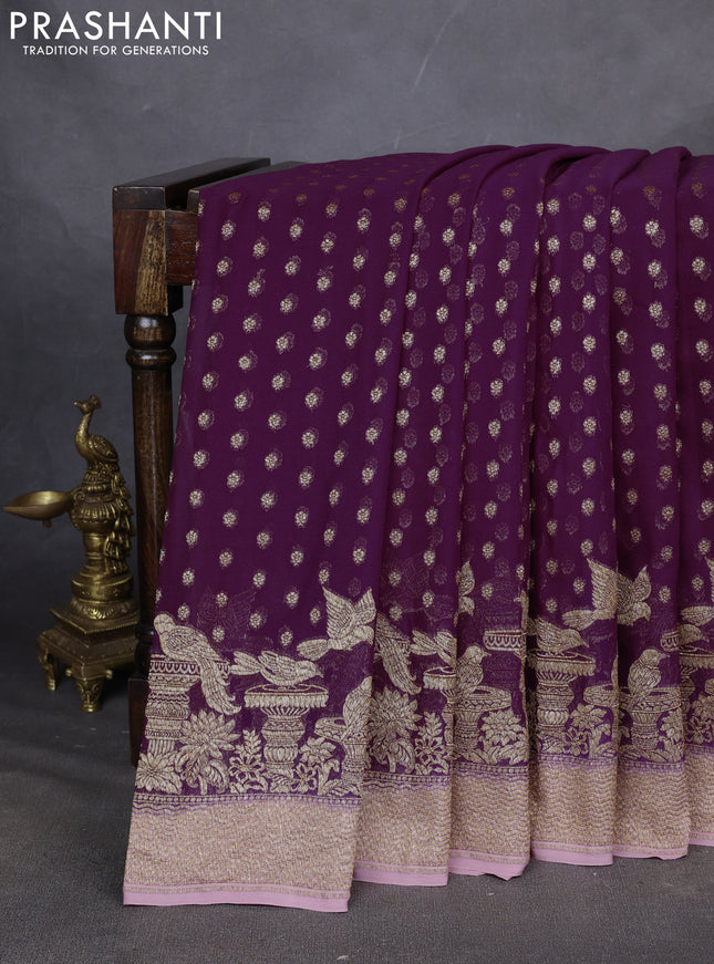 Pure Banarasi georgette saree purple and peach pink with allover woven buttas and woven border