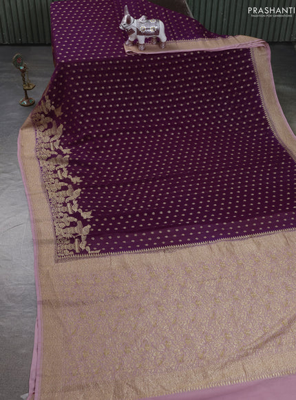 Pure Banarasi georgette saree purple and peach pink with allover woven buttas and woven border