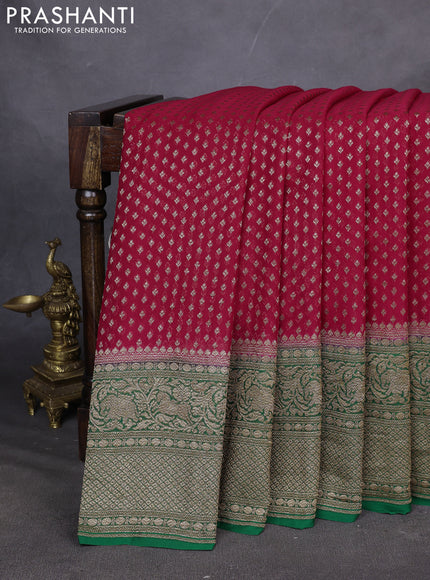 Pure Banarasi georgette saree red and green with allover woven buttas and woven border