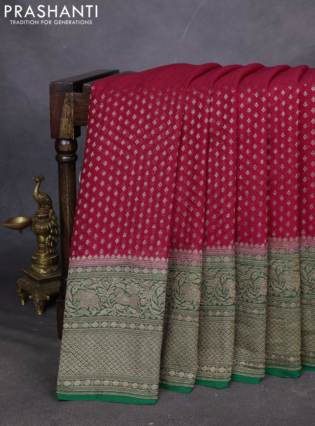 Pure Banarasi georgette saree red and green with allover woven buttas and woven border