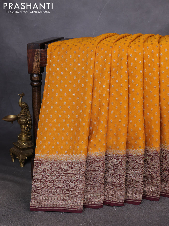 Pure Banarasi georgette saree mustard yellow and wine shade with allover woven buttas and woven border