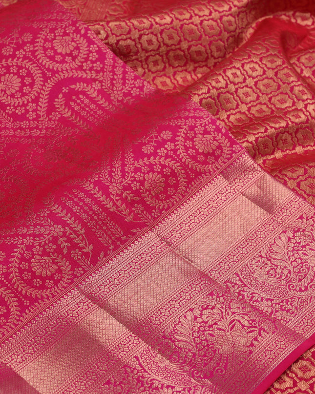 Pure kanchipuram silk saree dual shade of pink with allover zari woven brocade weaves and zari woven border