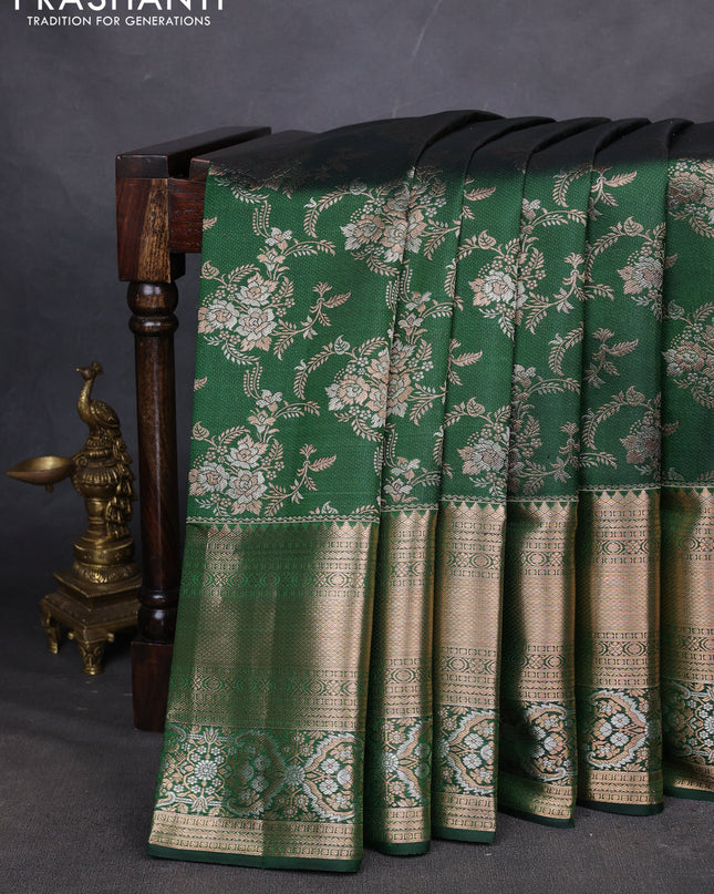 Pure kanchipuram silk saree dark green with allover zari woven brocade weaves and long zari woven border