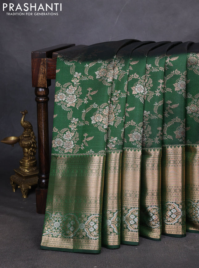 Pure kanchipuram silk saree dark green with allover zari woven brocade weaves and long zari woven border