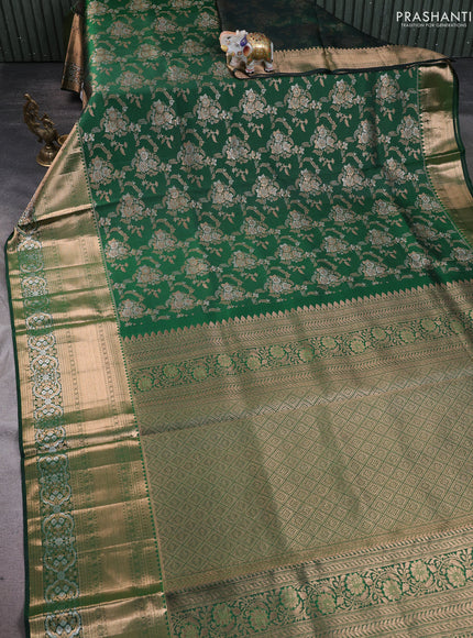 Pure kanchipuram silk saree dark green with allover zari woven brocade weaves and long zari woven border