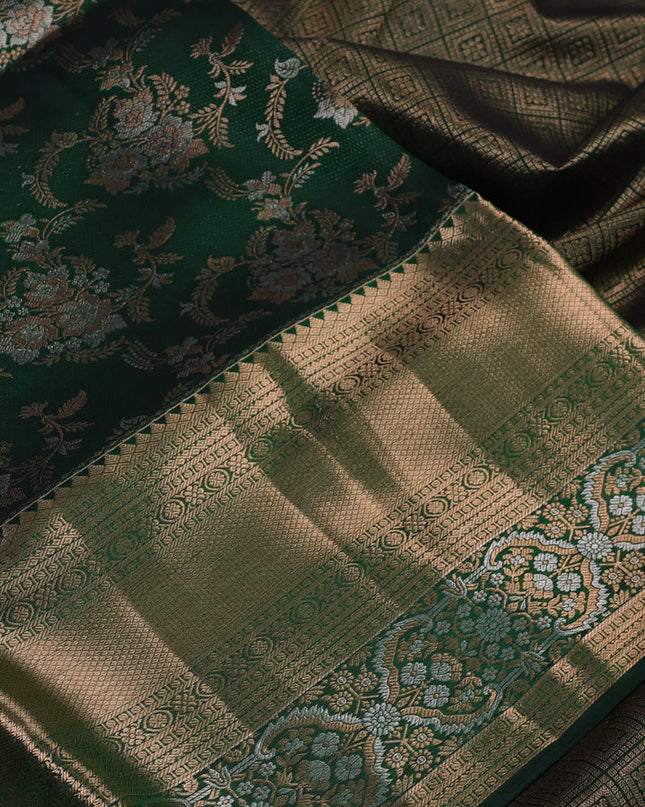 Pure kanchipuram silk saree dark green with allover zari woven brocade weaves and long zari woven border