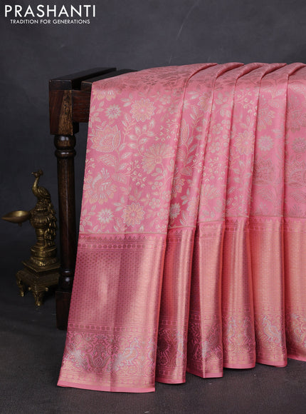 Pure kanchipuram silk saree peach pink with allover zari woven brocade weaves and long zari woven border