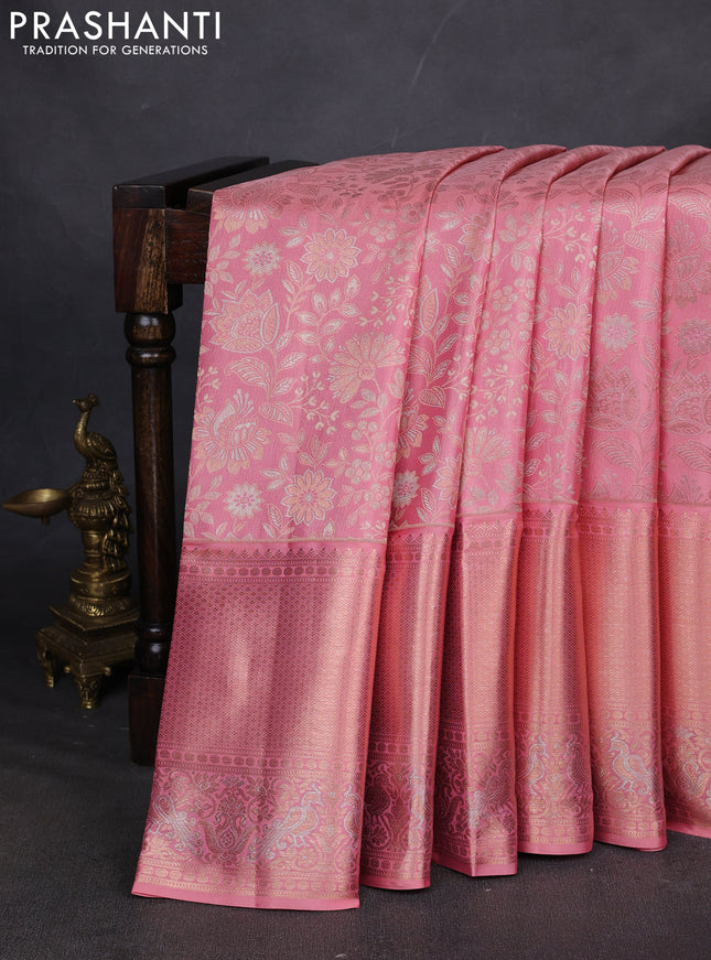 Pure kanchipuram silk saree peach pink with allover zari woven brocade weaves and long zari woven border