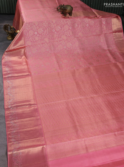 Pure kanchipuram silk saree peach pink with allover zari woven brocade weaves and long zari woven border