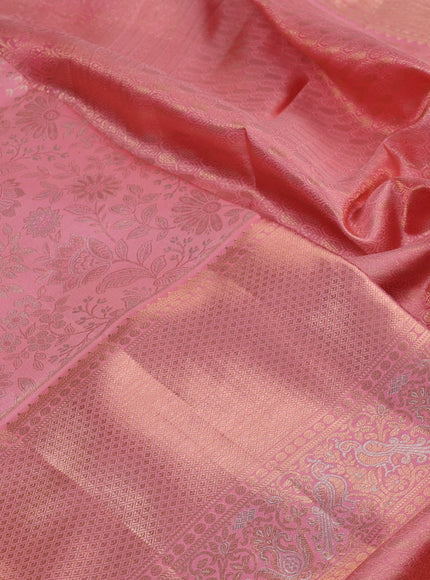 Pure kanchipuram silk saree peach pink with allover zari woven brocade weaves and long zari woven border