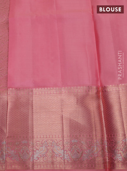 Pure kanchipuram silk saree peach pink with allover zari woven brocade weaves and long zari woven border