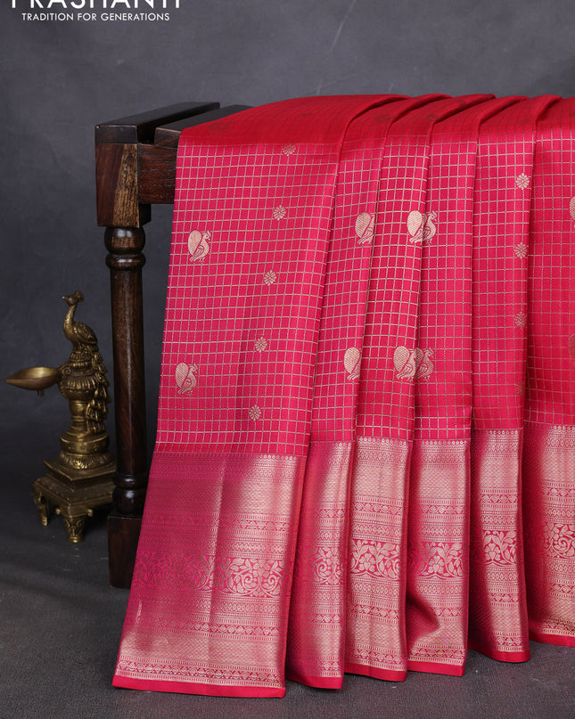 Pure kanchipuram silk saree dual shade of pink with allover zari checks & annam buttas and long zari woven border
