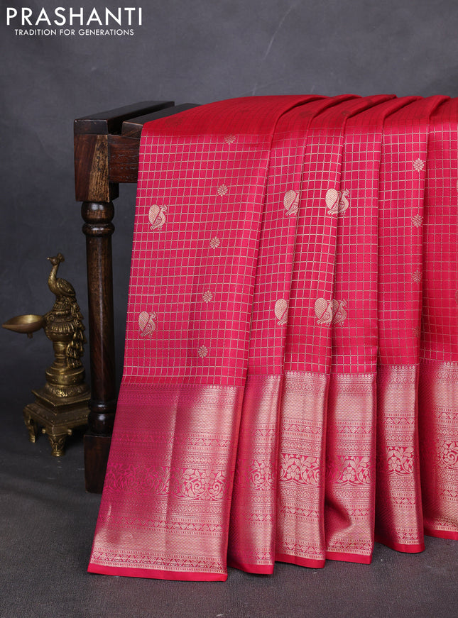 Pure kanchipuram silk saree dual shade of pink with allover zari checks & annam buttas and long zari woven border