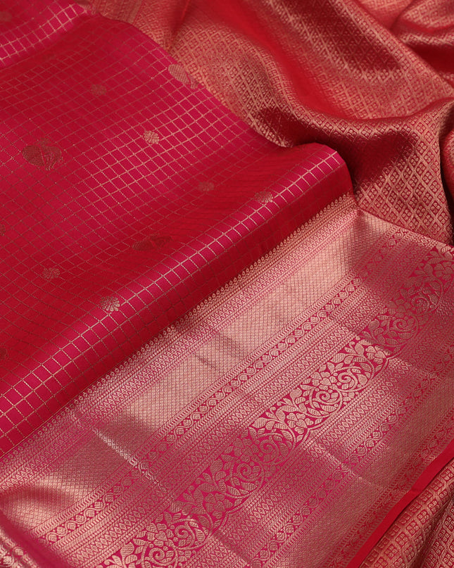 Pure kanchipuram silk saree dual shade of pink with allover zari checks & annam buttas and long zari woven border