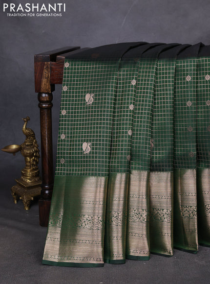Pure kanchipuram silk saree green with allover zari checks & annam buttas and long zari woven border