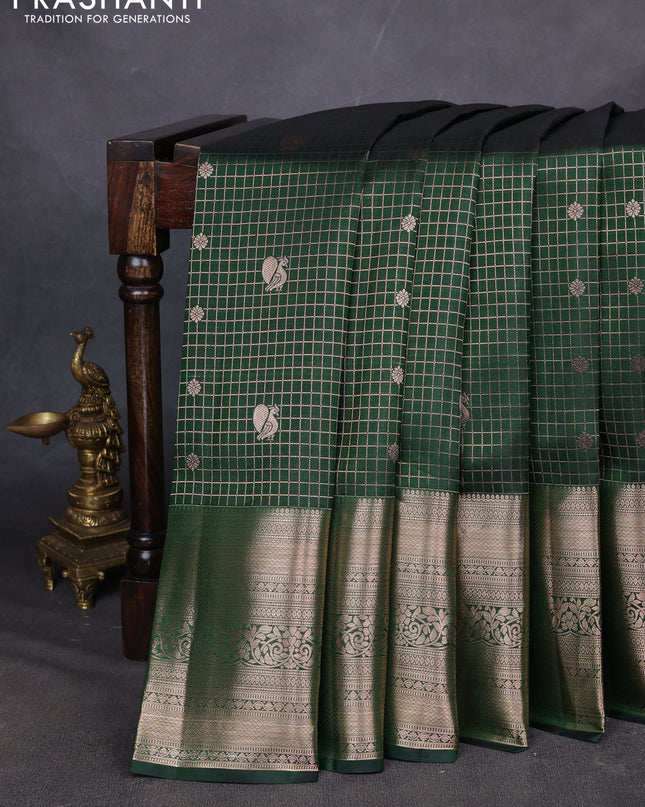 Pure kanchipuram silk saree green with allover zari checks & annam buttas and long zari woven border