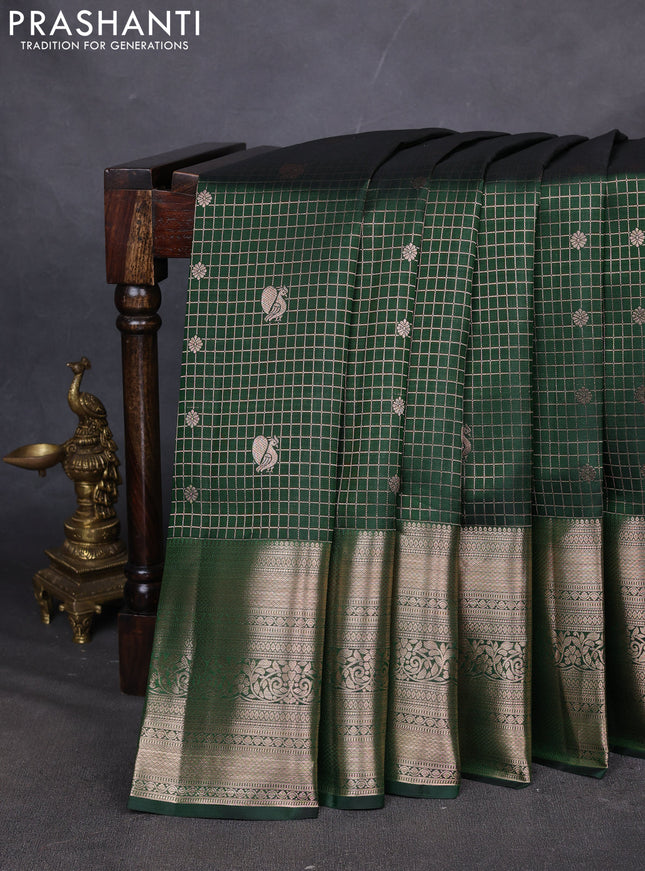 Pure kanchipuram silk saree green with allover zari checks & annam buttas and long zari woven border