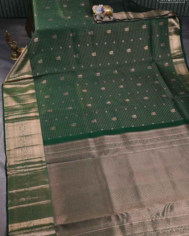 Pure kanchipuram silk saree green with allover zari checks & annam buttas and long zari woven border