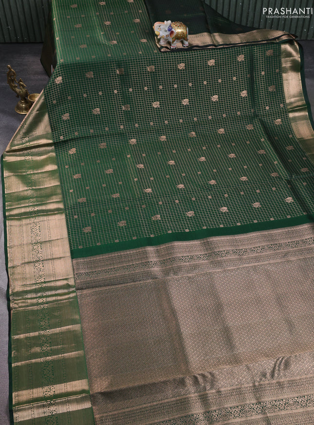 Pure kanchipuram silk saree green with allover zari checks & annam buttas and long zari woven border