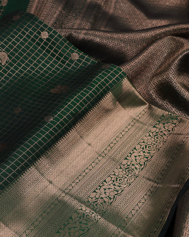 Pure kanchipuram silk saree green with allover zari checks & annam buttas and long zari woven border