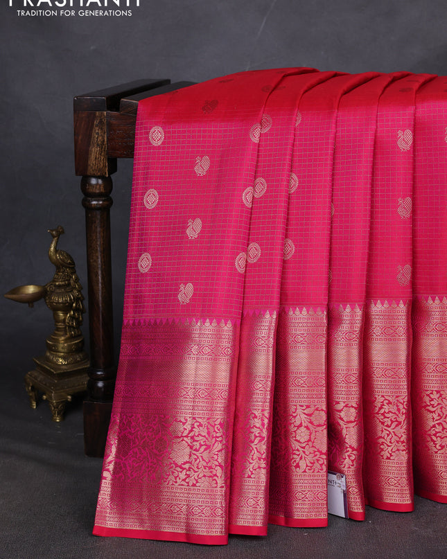 Pure kanchipuram silk saree dual shade of pink with allover zari checks & annam buttas and long zari woven border
