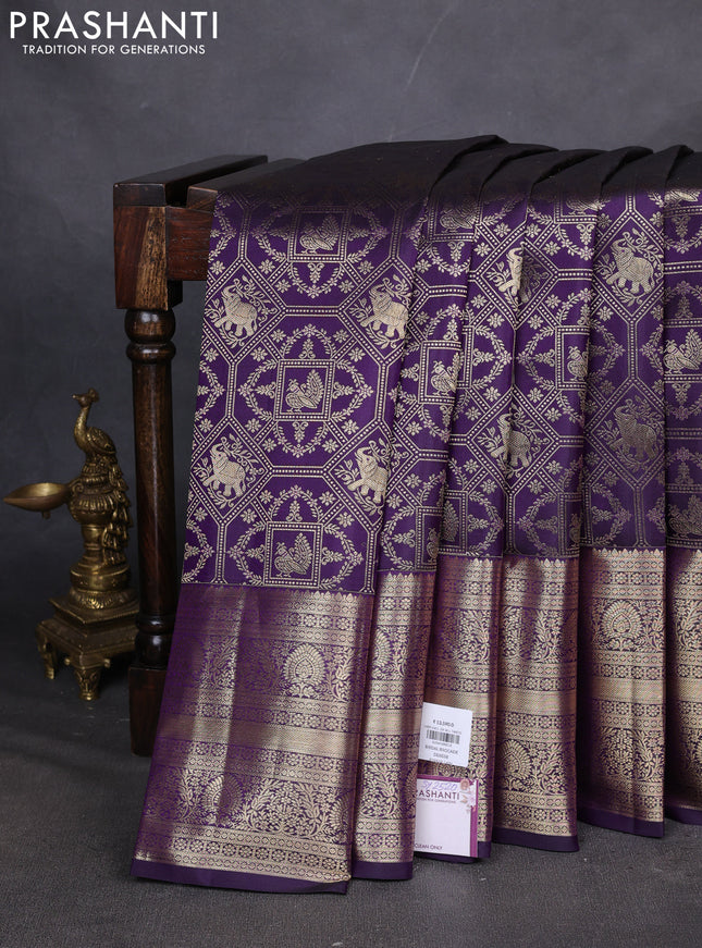 Pure kanchipuram silk saree deep violet with allover zari woven brocade weaves and long zari woven border
