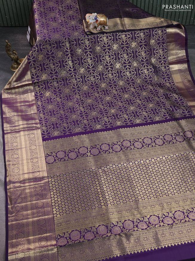 Pure kanchipuram silk saree deep violet with allover zari woven brocade weaves and long zari woven border
