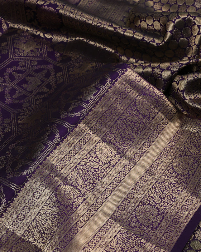 Pure kanchipuram silk saree deep violet with allover zari woven brocade weaves and long zari woven border
