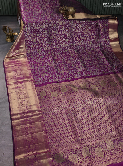 Pure kanchipuram silk saree purple with allover zari woven brocade weaves and long zari woven border