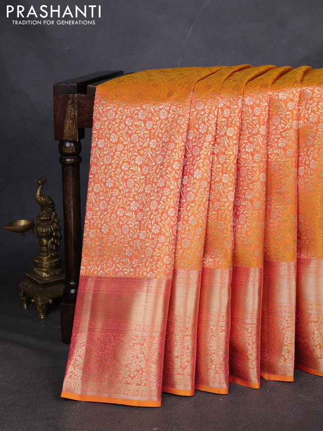 Pure kanchipuram silk saree mustard yellow with allover zari woven brocade weaves and zari woven border
