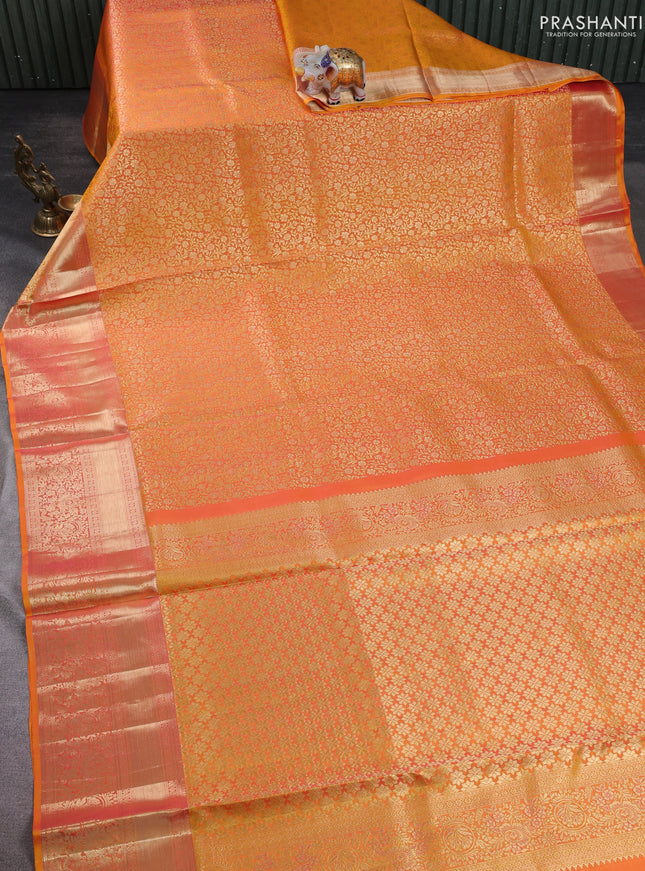 Pure kanchipuram silk saree mustard yellow with allover zari woven brocade weaves and zari woven border