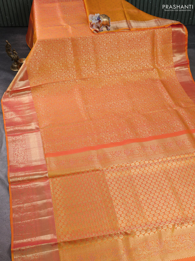 Pure kanchipuram silk saree mustard yellow with allover zari woven brocade weaves and zari woven border