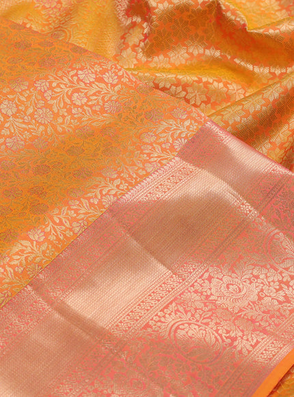 Pure kanchipuram silk saree mustard yellow with allover zari woven brocade weaves and zari woven border