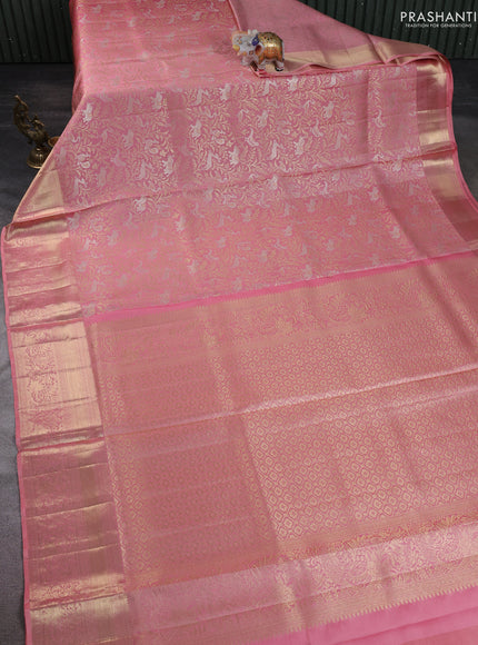 Pure kanchipuram silk saree peach pink with allover zari woven brocade weaves and zari woven border
