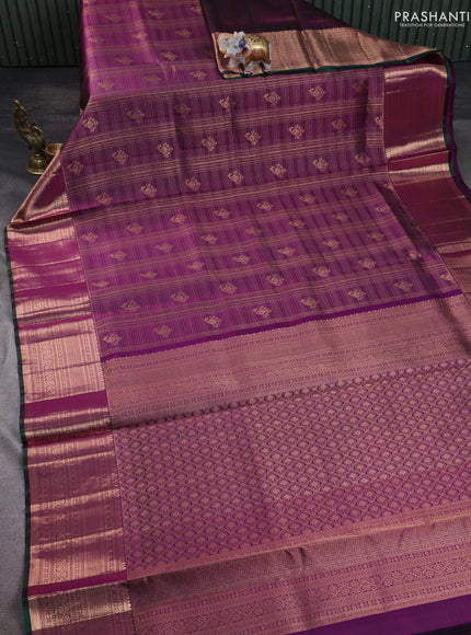 Pure kanchipuram silk saree purple and green with allover zari checks & annam buttas and long zari woven border