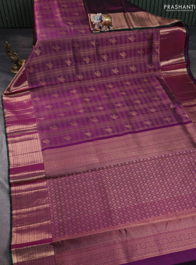 Pure kanchipuram silk saree purple and green with allover zari checks & annam buttas and long zari woven border