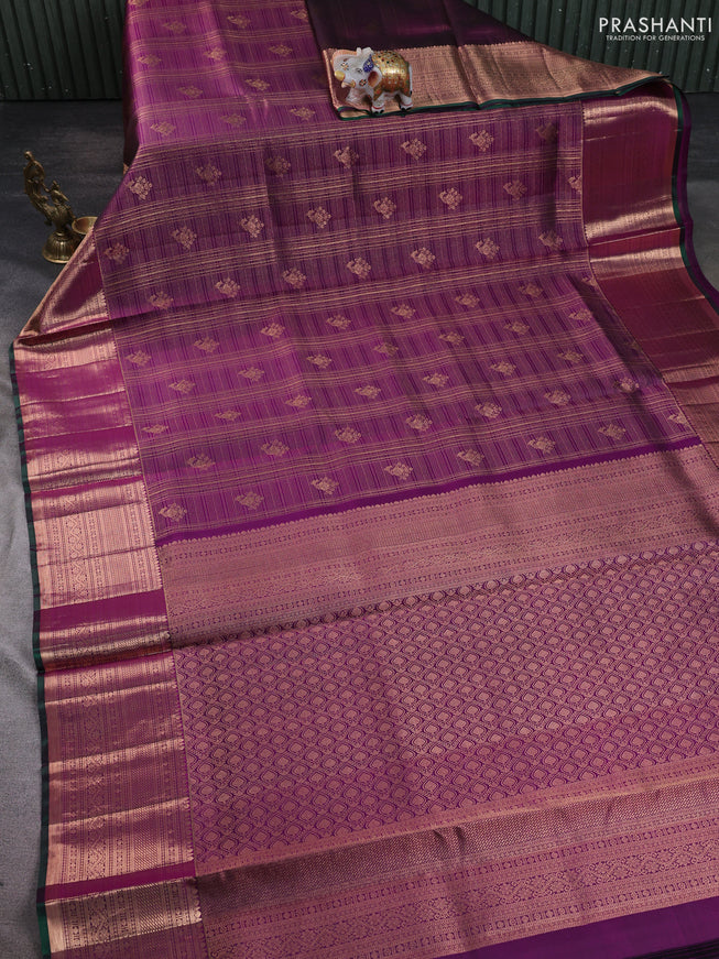 Pure kanchipuram silk saree purple and green with allover zari checks & annam buttas and long zari woven border